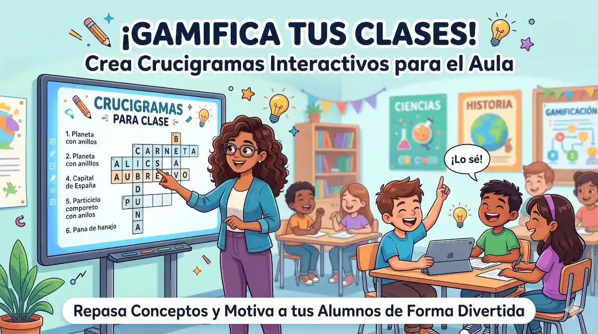 Profesora enseñando con un crucigrama interactivo en una pantalla digital frente a sus alumnos para gamificar la clase.